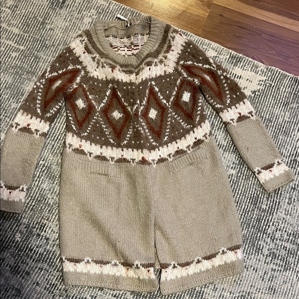 Free People Beige and Brown Fair Isle Knit Cardigan Sweater